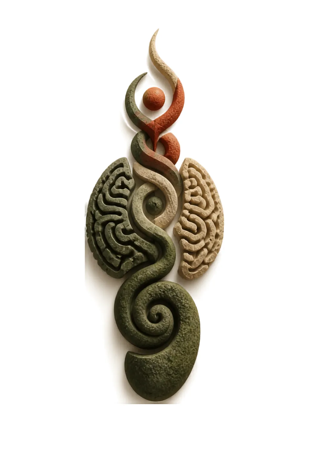 A sculptural spiral in stone, moss and clay, coiling toward its own centre