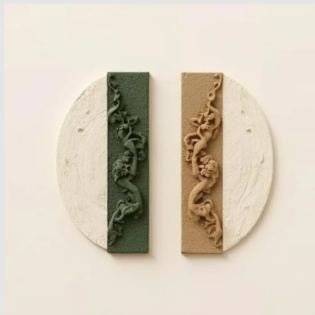 Two sculpted half-circles in plaster, one crossed by a green bar and one by a tan bar — two halves of one whole