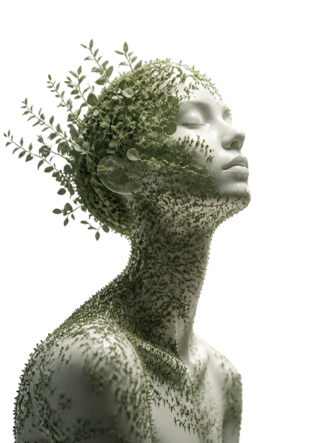 A sculpted figure in weathered green stone, plants growing from its shoulders, face lifted toward the light